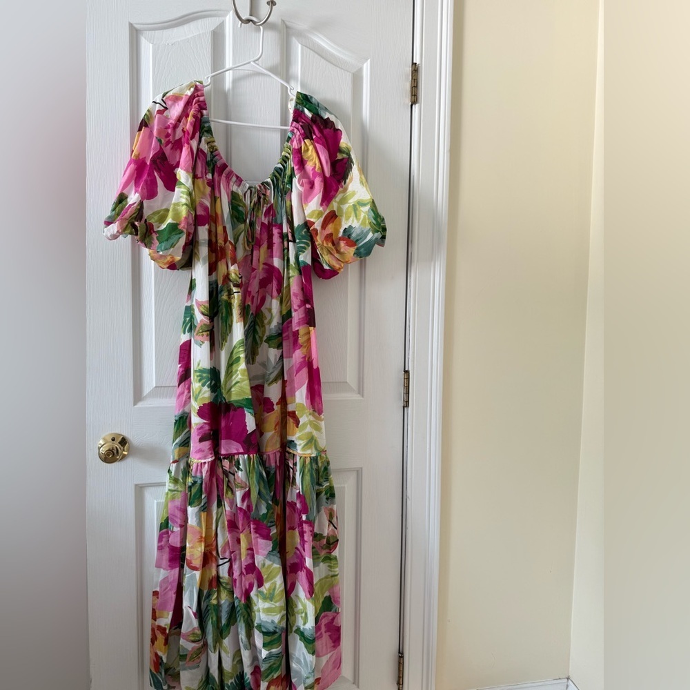FARM Rio Pink, Green & Yellow Floral Puff-Sleeve Maxi Dress